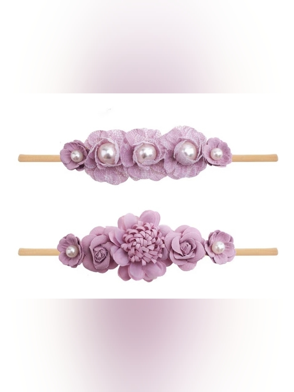 Light Purple Set Of 2 Nude Nylon Flowers And Pearls Baby Newborn Headbands